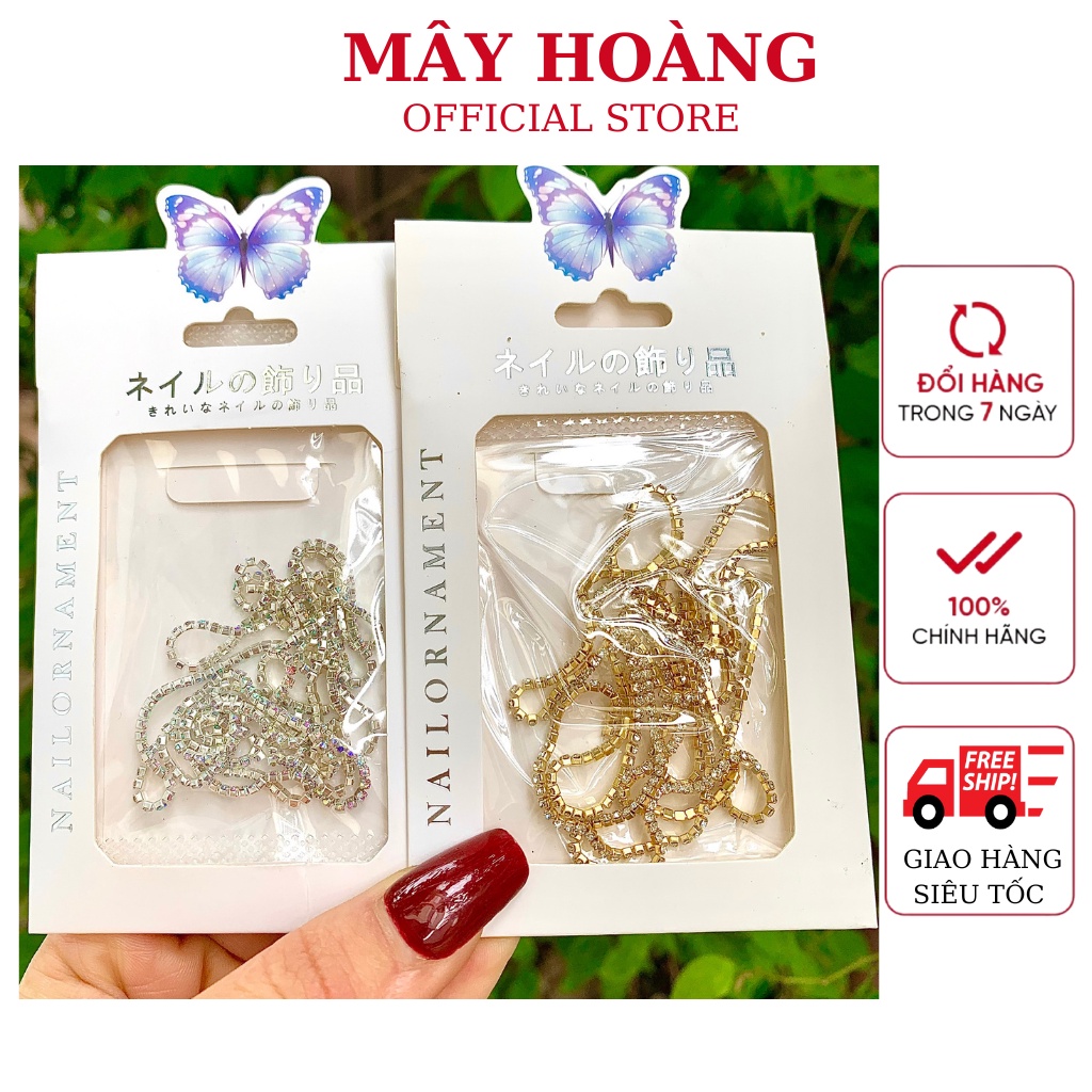Phụ kiện dây xích kim loại đính đá 3D long lanh sang trọng trang trí móng nghệ thuật