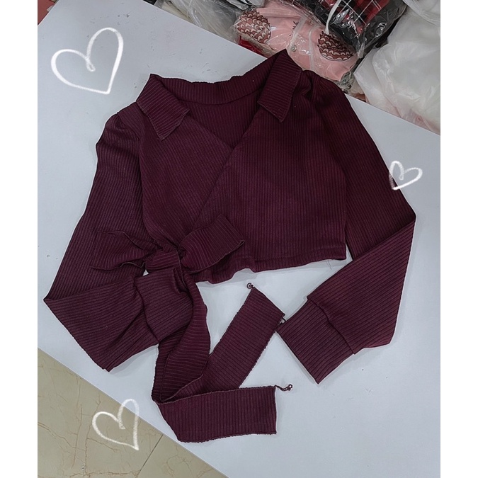 áo  lcrop top cổ bẻ cột nơ đắp chéo phong cách hàn quốc siêu xinh