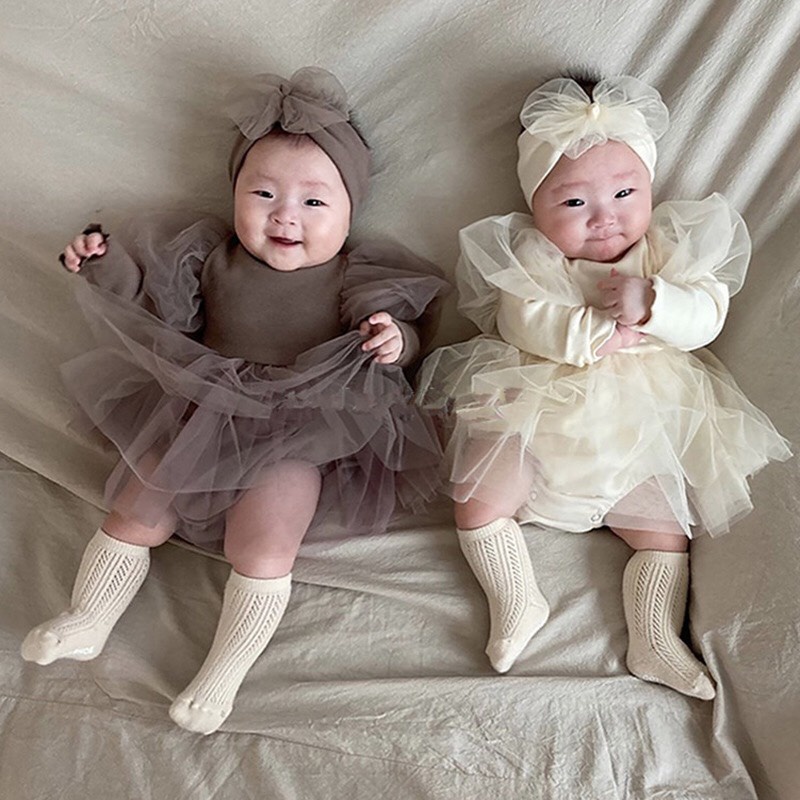 (Tặng Băng Đô) Váy body tiểu thư vàng công chúa tay bồng váy xòe màu trắng và be Baby Sheep cho bé 0-2 tuổi hàng cao cấp