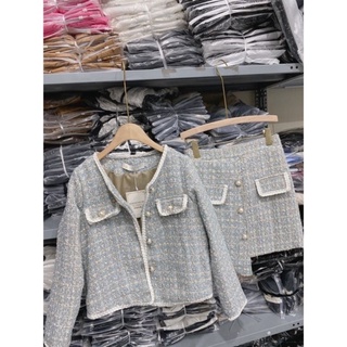Set dạ tweed xanh 2 món tiểu thư basic dễ mặc kèm ảnh thật MS30