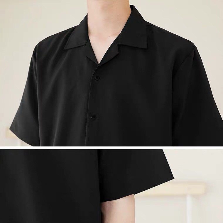 Áo sơ mi tay ngắn cổ vest màu Đen Unisex chất lụa mát BACA15 | BigBuy360 - bigbuy360.vn