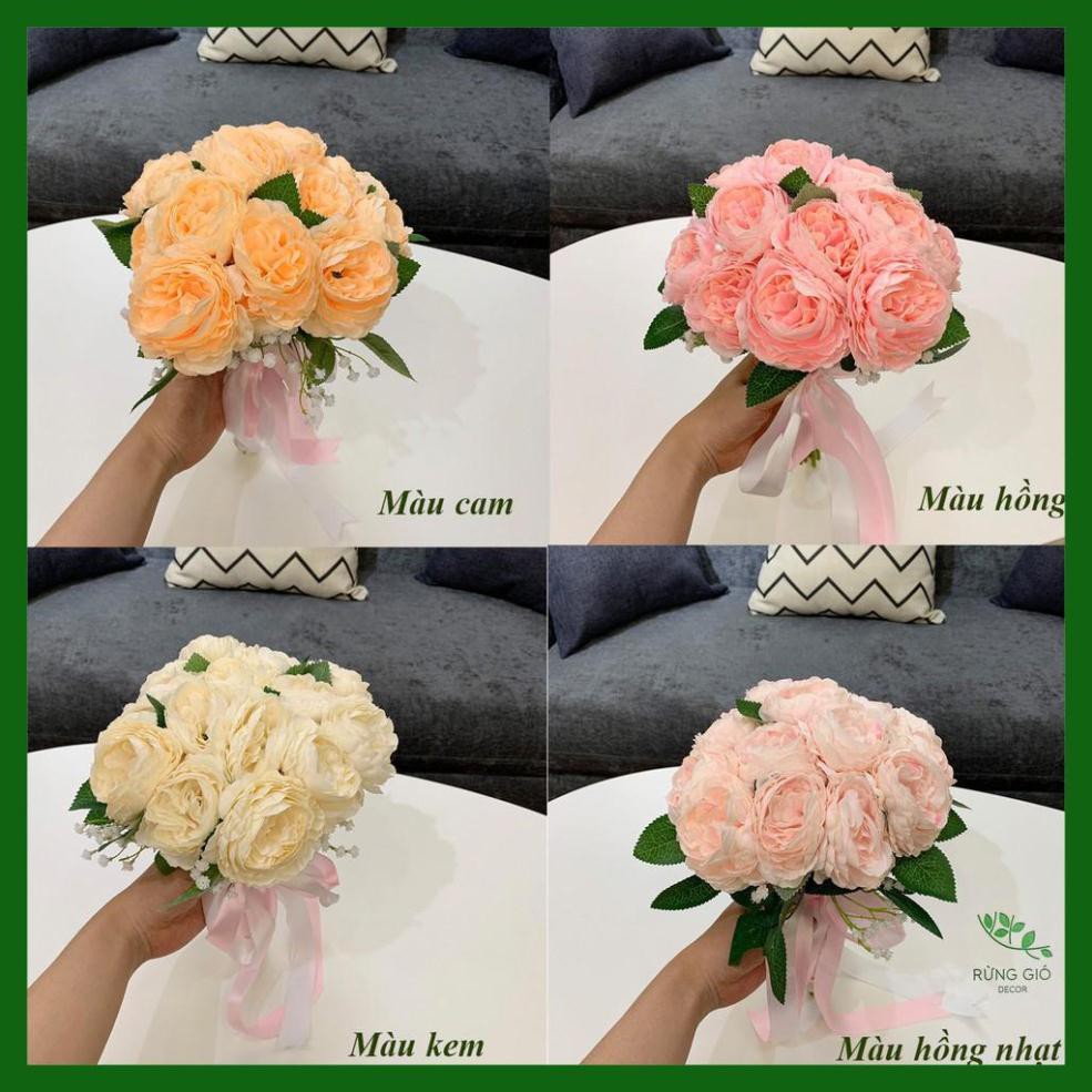 [ Hoa Giả ] Bó 15 bông hoa mẫu đơn có lá kèm hoa baby và nơ thắt y hình , hoa giả nhân tạo