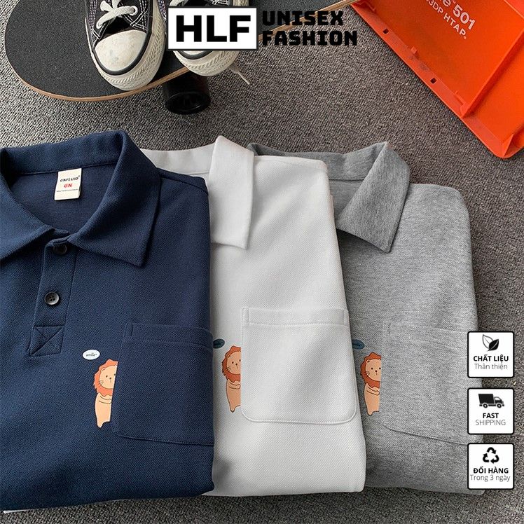 Áo thun polo cổ trụ unisex có túi hình sư tử, áo thun có cổ HLFashion