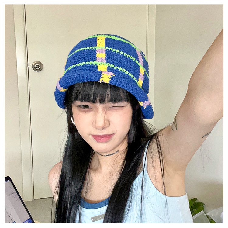 Mũ Bucket Dệt Kim Thủ Công Kẻ Sọc Ca Rô / Kẹo Ngọt Xinh Xắn Cho Nữ