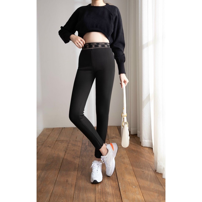 Quần legging nữ lót lông cạp chữ, kèm túi zip xịn sò
