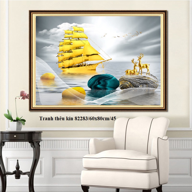 tranh thêu chữ thập phong cảnh thuận buồm xuôi gió , hươu tài lộc 82283 - 60*80 - tranh chưa thêu