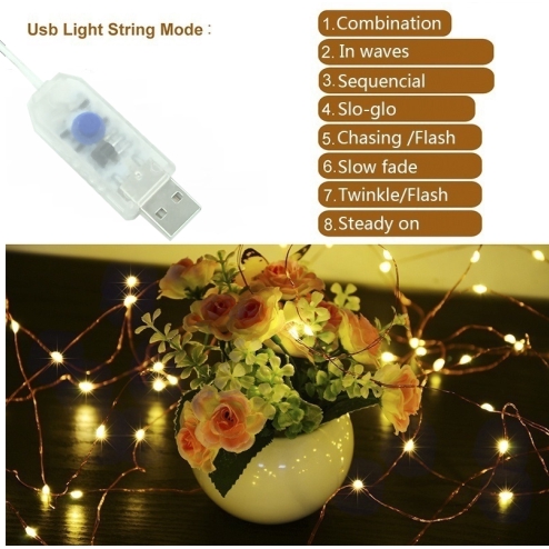 Đèn LED USB 50/100 bóng dây đồng dài 5/10M có 8 chế độ trang trí cho tiệc giáng sinh/đám cưới