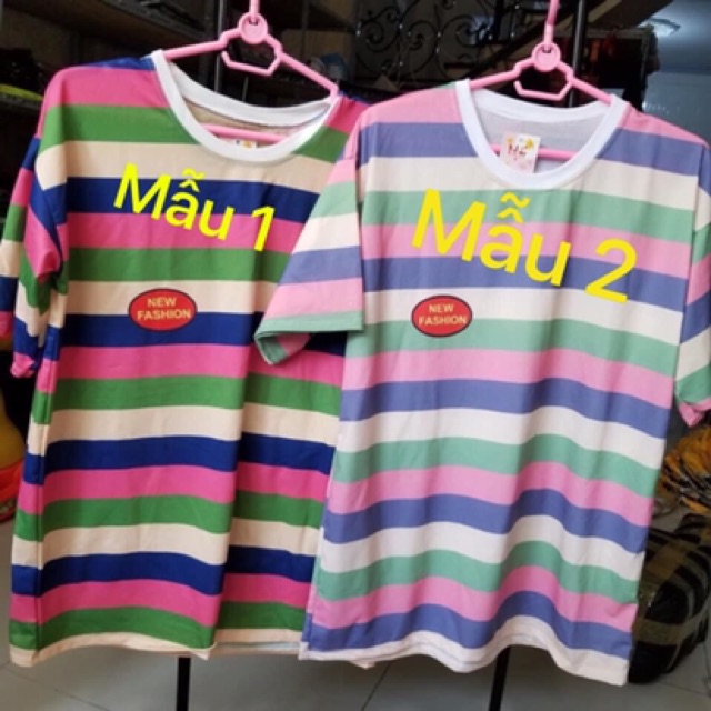 (Ảnh thật)❌ Áo thun unisex sọc ngang in hình màu pastel ❌