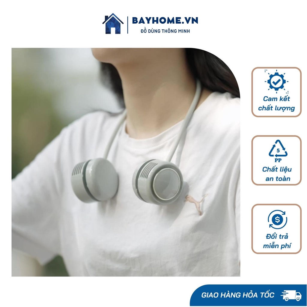 Quạt đeo cổ mini cổng USB tích điện không cánh không ồn 3 tốc độ gió 1600mAh BAYHOME sẽ