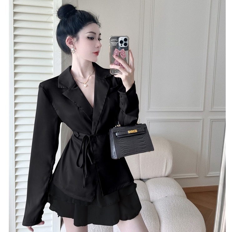 Bộ Áo Khoác Vest Tay Dài + Chân Váy Chiffon Lưng Cao Thời Trang Hàn Quốc Sang Trọng Cho Nữ