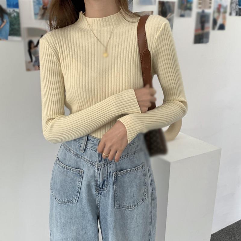 Áo thun tay dài cổ lọ màu sắc đơn giản cho nữ