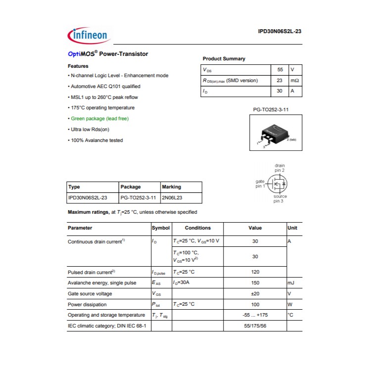 Mosfet kênh N, Mosfet kênh P - 30N06/30P06 - D-PAK(TO252) - 30A - Infineon