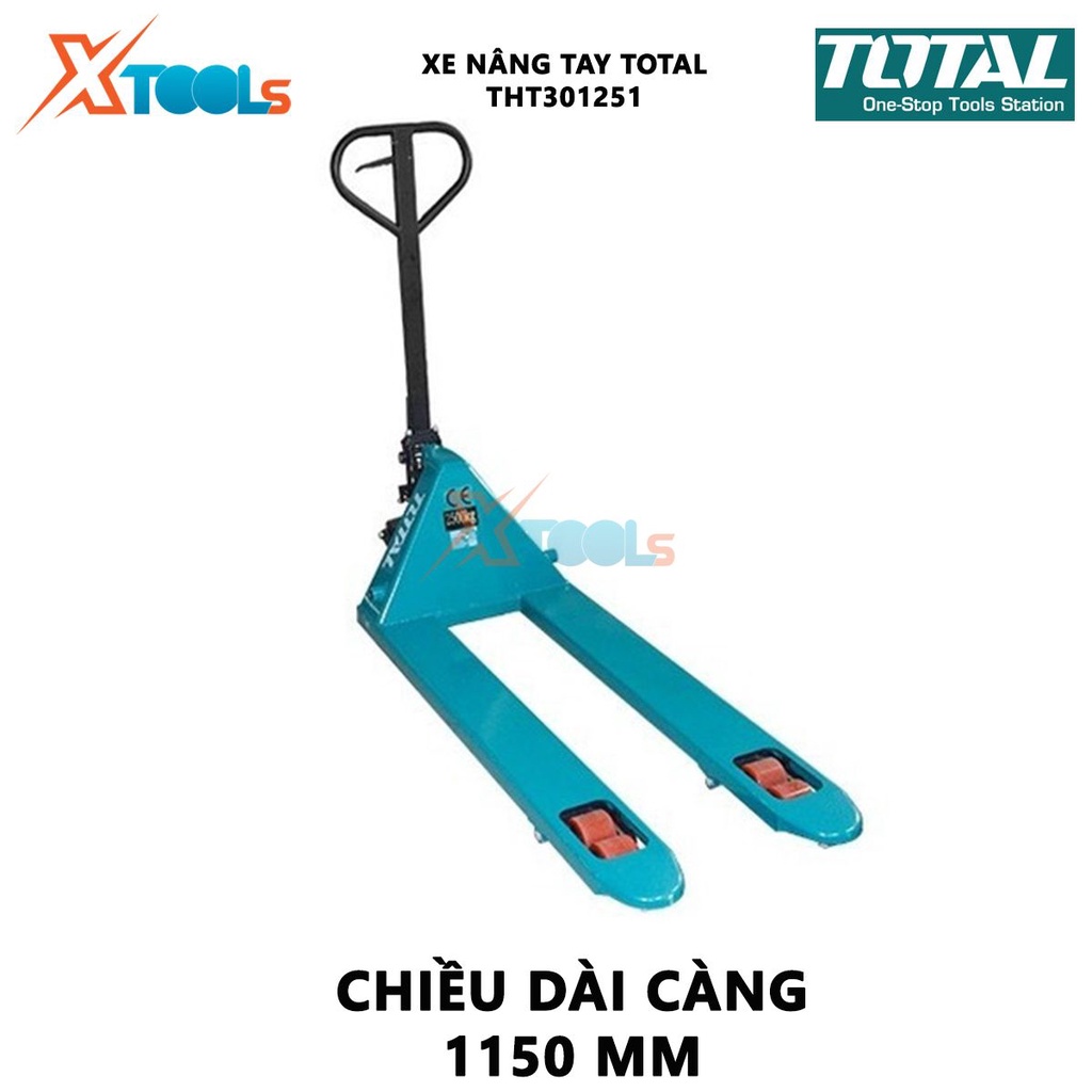 Xe nâng tay TOTAL THT301251 Xe nâng kéo hàng Tải trọng 2.5 tấn Nâng thấp nhất 85 mm Nâng cao nhất 200 mm Kích thước bánh