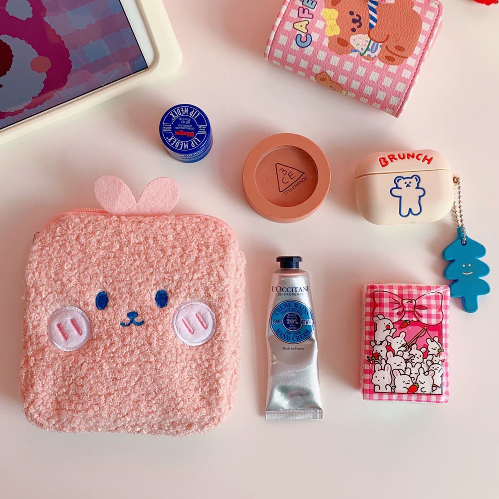 Túi nhỏ chất liệu lông nhung chứa tai nghe/mỹ phẩm/cáp USB/đồ cá nhân cho bạn gái chủ đề hoạt hình độc đáo