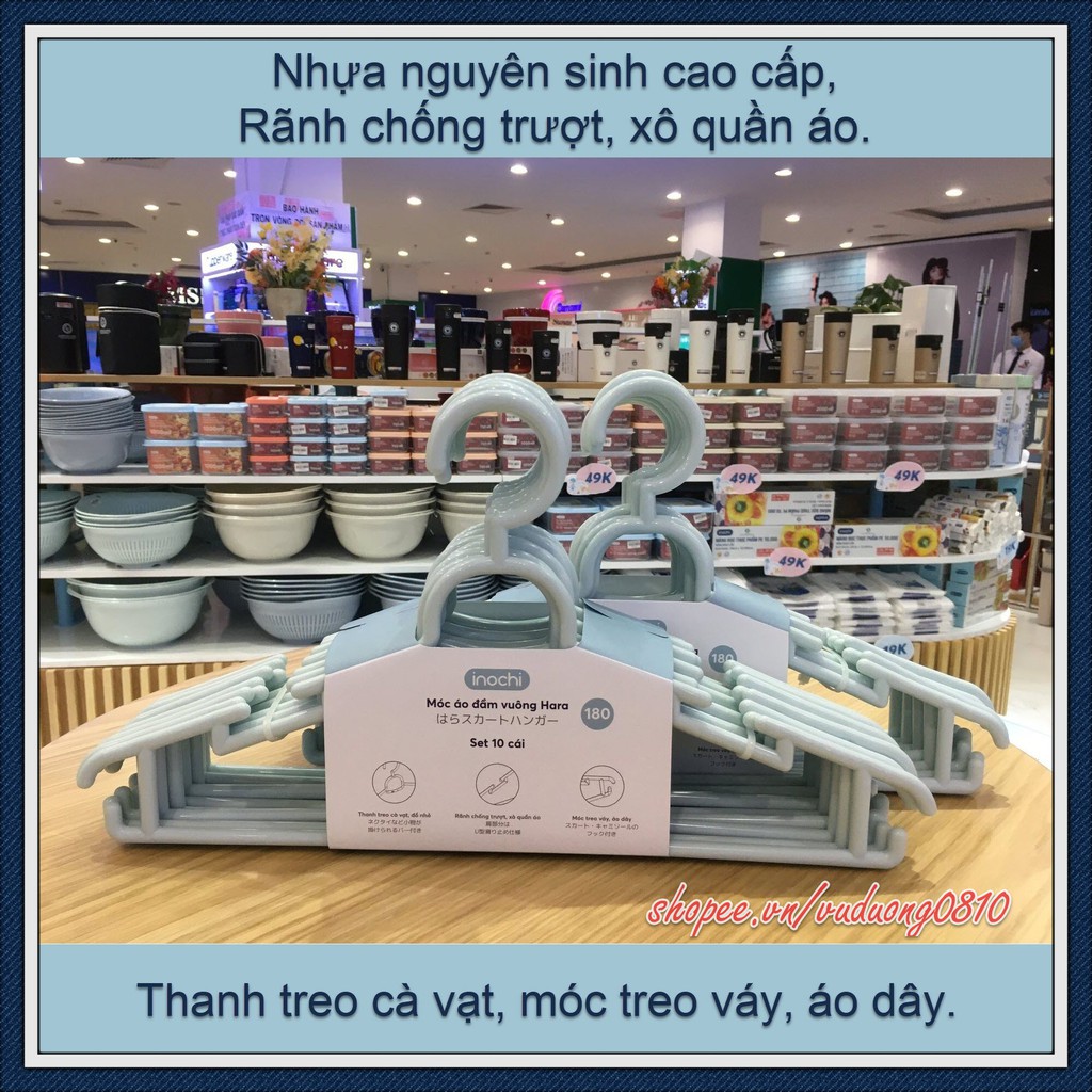 Set 10 Móc áo đầm vuông Inochi (MA180) - màu sắc trang nhã, thích hợp cho cả giàn phơi và dây phơi