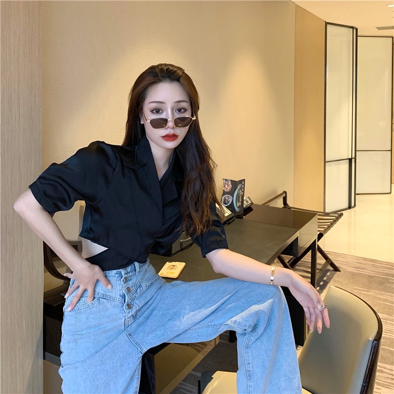 IELGY   Áo Kiểu Tay Ngắn Cổ Chữ V Chéo Dây Lưng Cao Thời Trang Quyến Rũ Cho Nữ