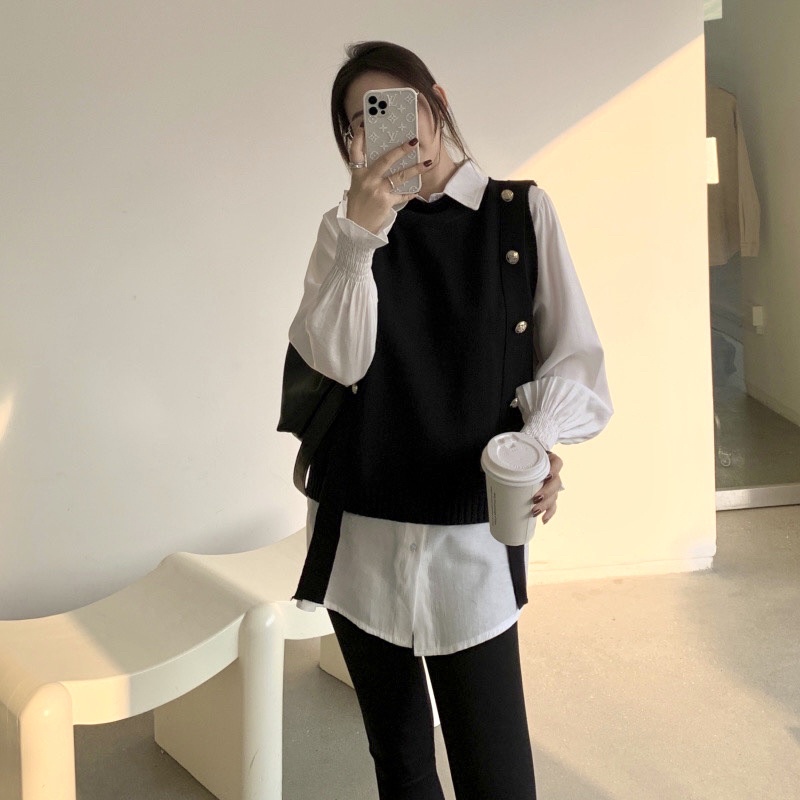 Set áo gile len đính 2 hàng cúc kem áo sơ mi tay loe bo chun