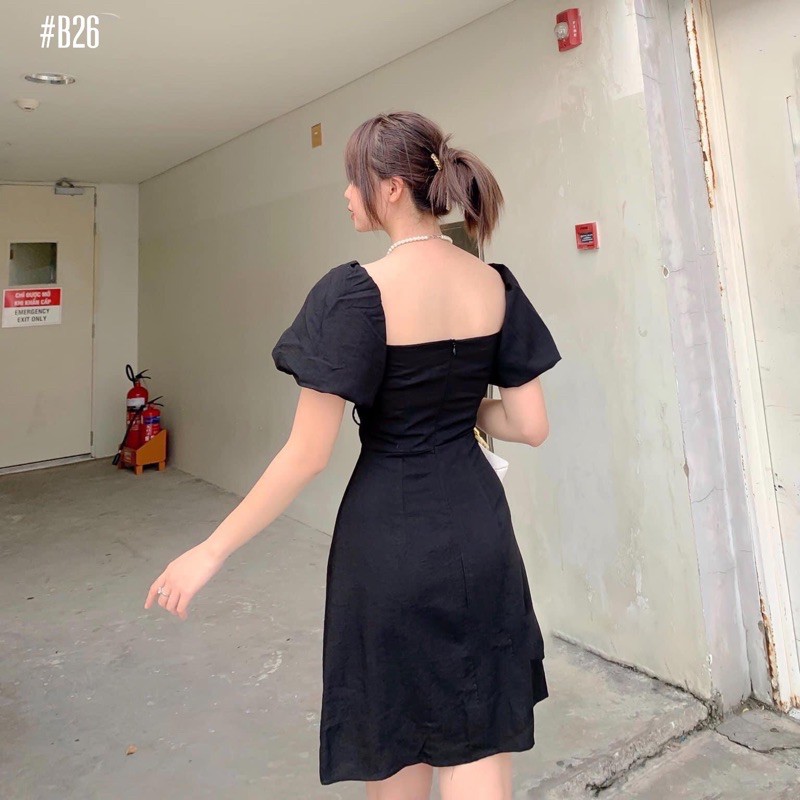 Đầm form A nhíu ngực tay phồng vải đũi 3 màu siêu xinh