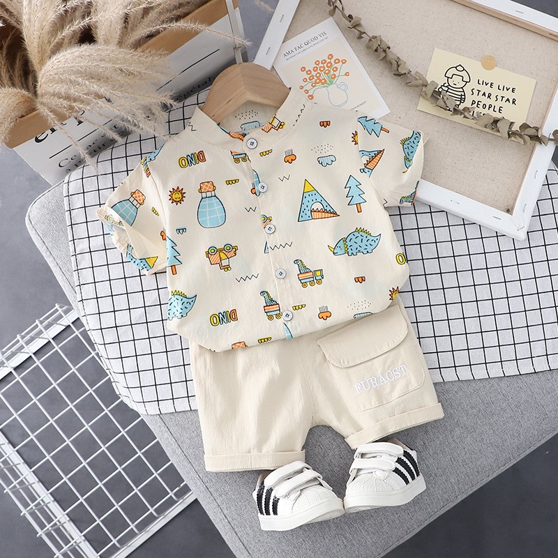 Bộ quần áo bé trai sơ mi đũi cổ tàu họa tiết khủng long Dino cho bé