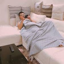 Chăn mỏng sọc xám Ikea Vitmossa