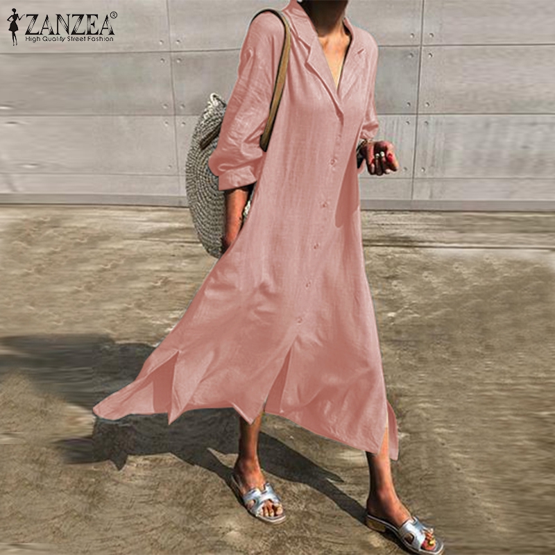 ZANZEA Đầm maxi bằng cotton dài đính nút trước thời trang mùa thu cho nữ