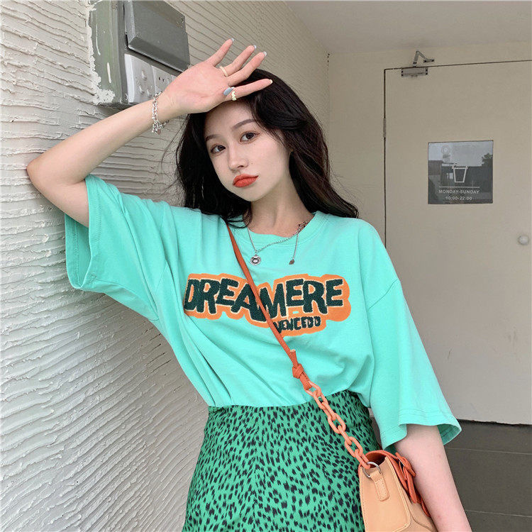 Áo thun nữ tay ngắn cổ tròn dáng rộng thêu chữ phong cách Hàn Quốc thời trang