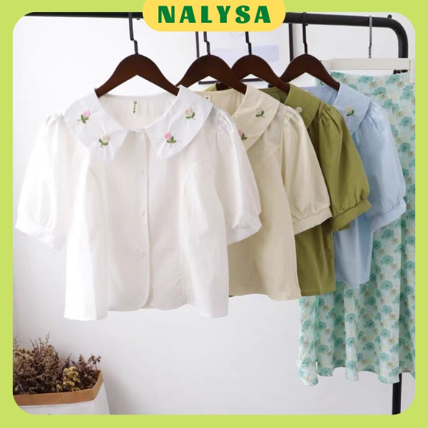 Áo sơ mi nữ kiểu ngắn tay cổ sen thêu hoạ tiết NALYSA sơ mi tiểu thư phong cách Hàn quốc A005