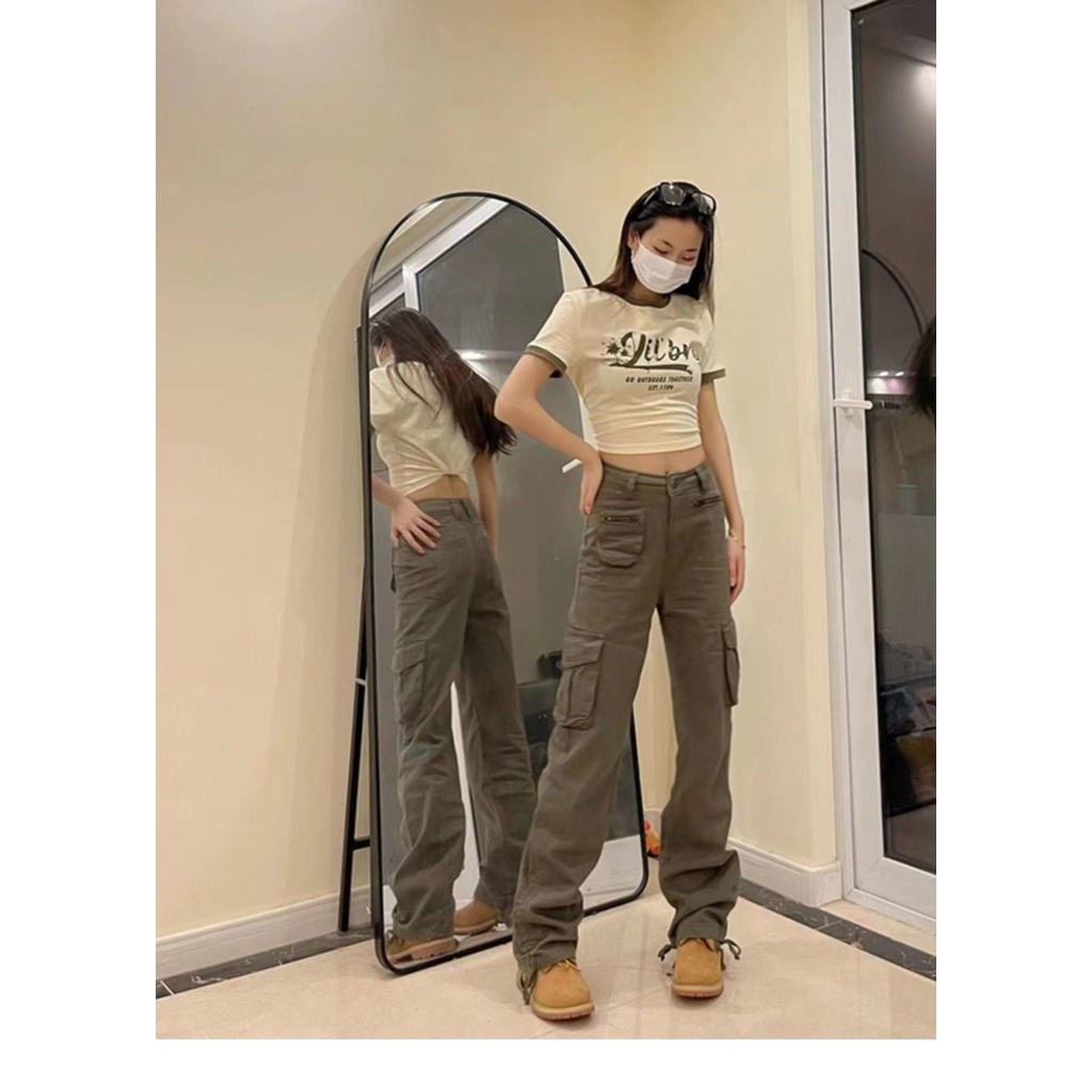 Quần Yếm Denim Dáng Suông Nhiều Túi Phong Cách Retro Đường Phố Âu Mỹ Hàng Mới Thời Trang Mùa Hè Cho Bạn Gái