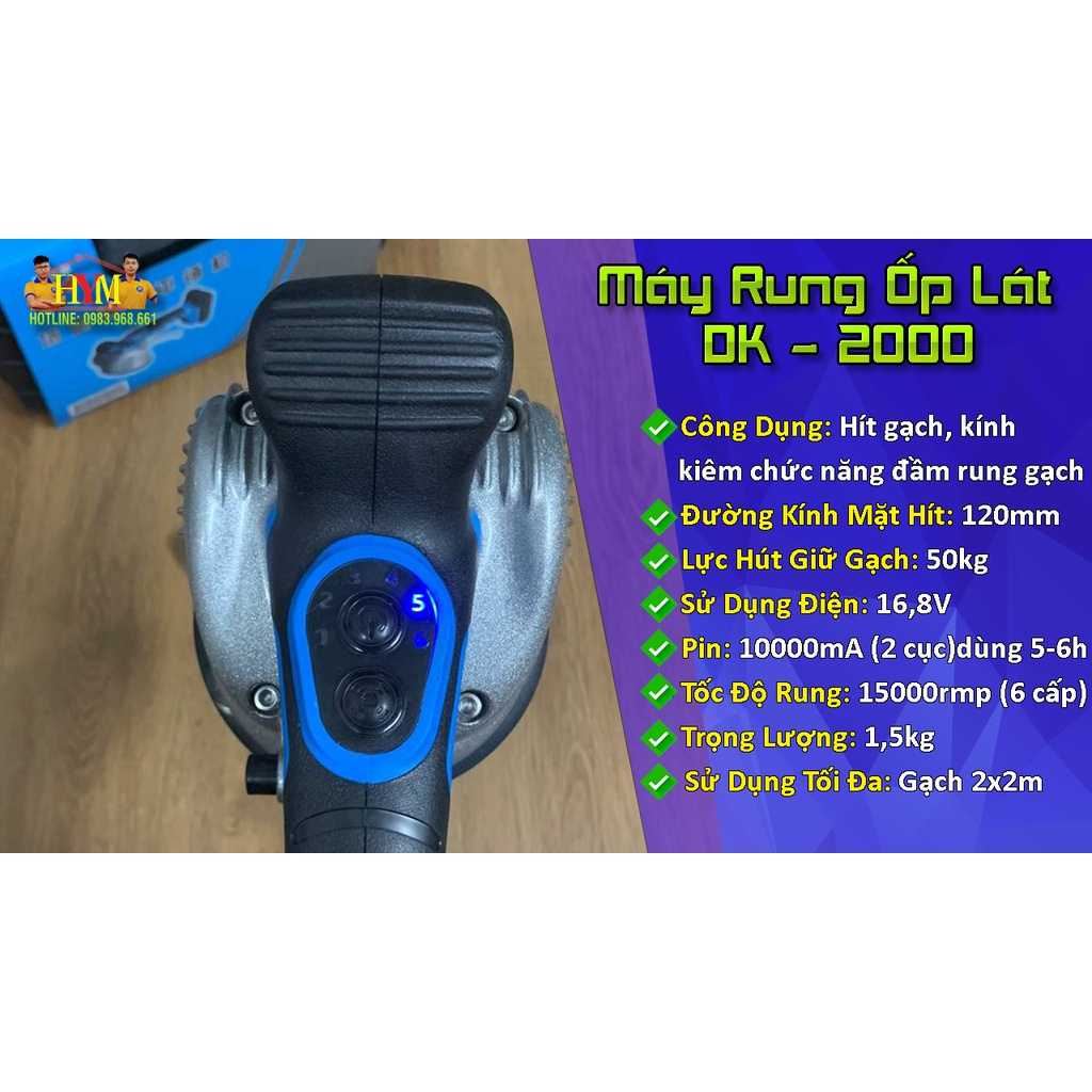 MÁY RUNG KIÊM HÍT GẠCH DK-2000 | 6 Cấp Độ Rung | Hít Gạch Lên Tới 80kg | Đầy Đủ 2 Pin 10000mA 16.8V Siêu Bền