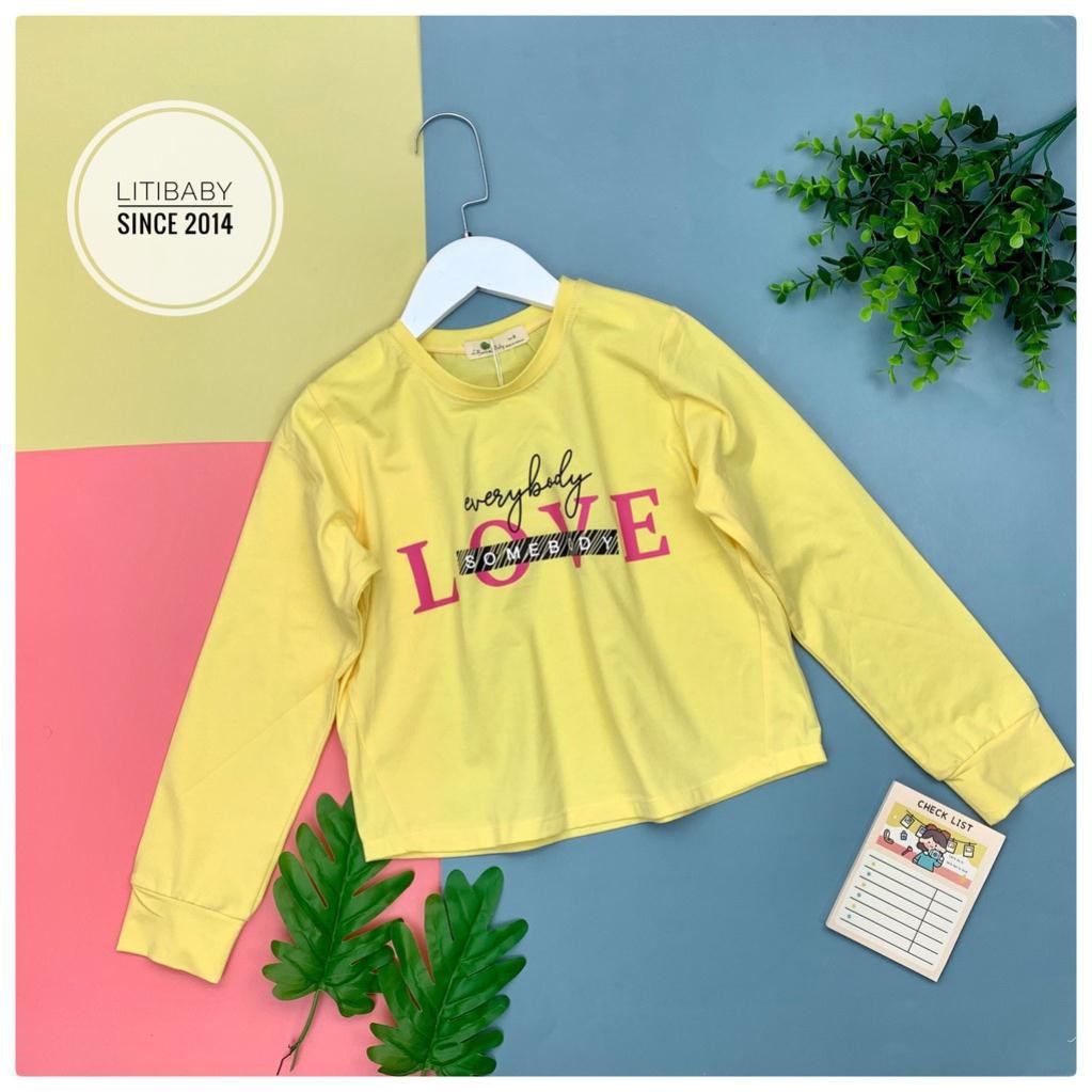 Áo cotton dài tay dáng crop top rộng ngang bé gái hình chữ Love, size 9-14T ( cho bạn 25 - 40kg)