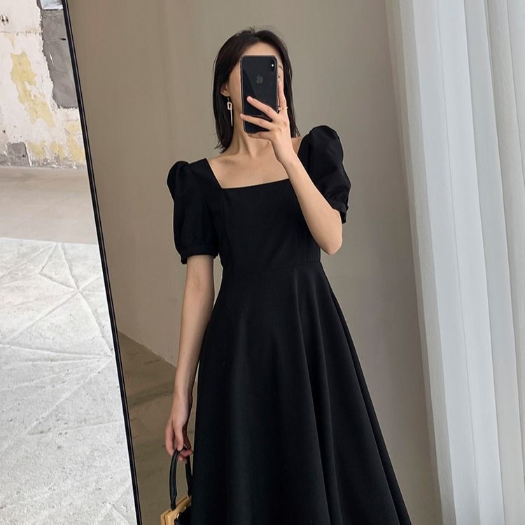 Đầm Maxi Dự Tiệc Cổ Vuông Màu Đen Thanh Lịch Cho Nữ