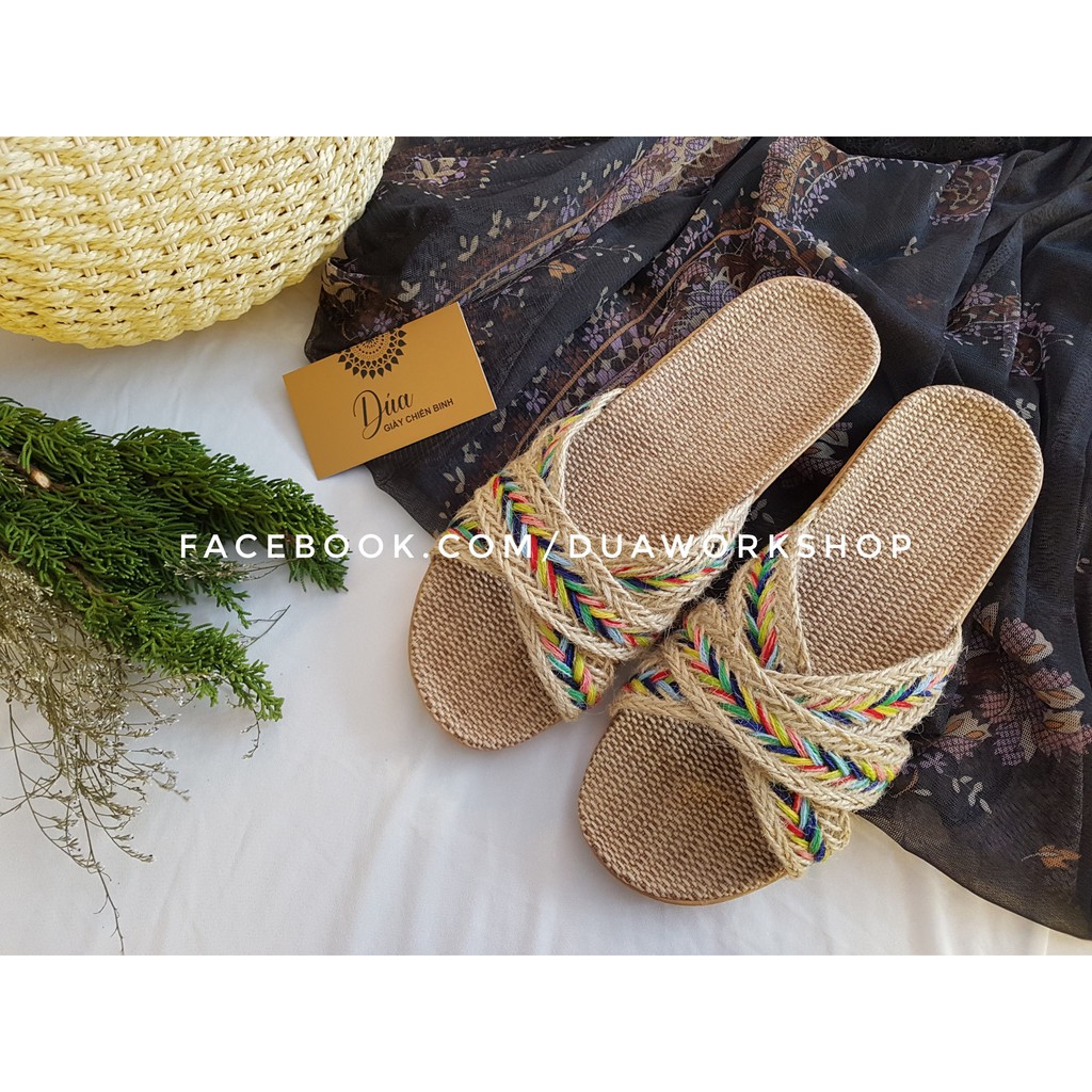 Dép Cói Thổ Cẩm 3 Quai Chéo Vintage, Dép Đi Biển, Dép Mang Trong Nhà, Dép Văn Phòng COI05