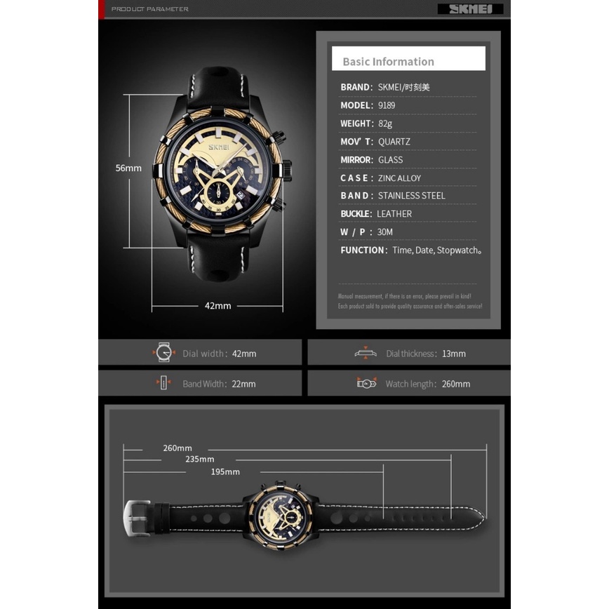 Đồng Hồ Nam Dây Da Cao Cấp SKMEI 9189 Chạy 6 Kim , Chống Nước tuyệt đối