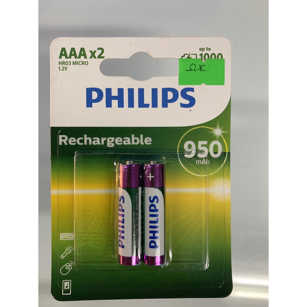 Pin Sạc Philips NiMH AAA 900mAh R03B2A90 (2 Viên AAA) - Xanh