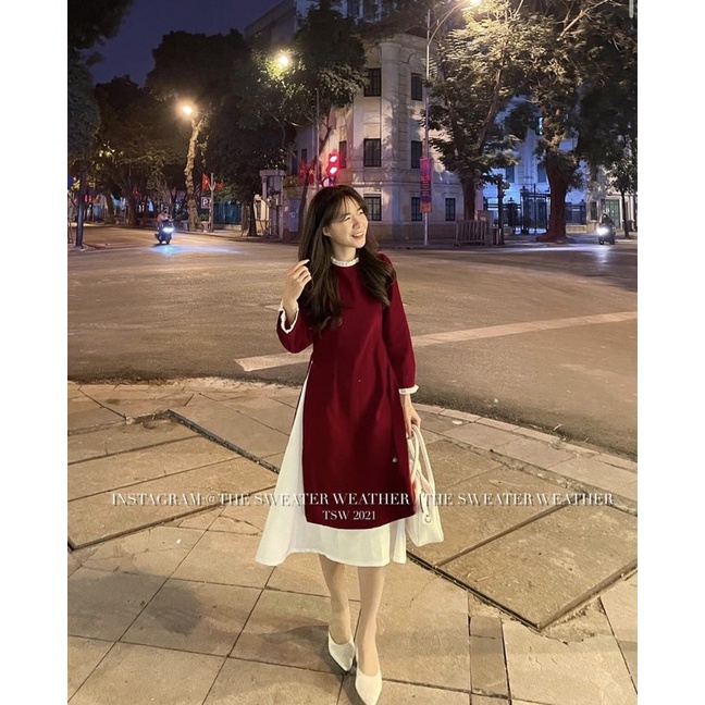 Set Áo Dài Nhung Tăm Kèm Chân Váy Xoè