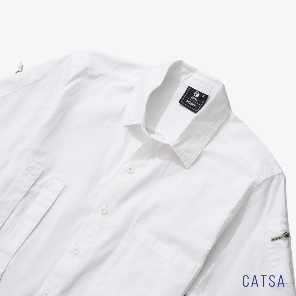 Áo sơ mi nam tay ngắn màu trắng phối móc khóa độc đáo, thấm hút mồ hôi, thoáng mát CATSA ASN166 - ASN167
