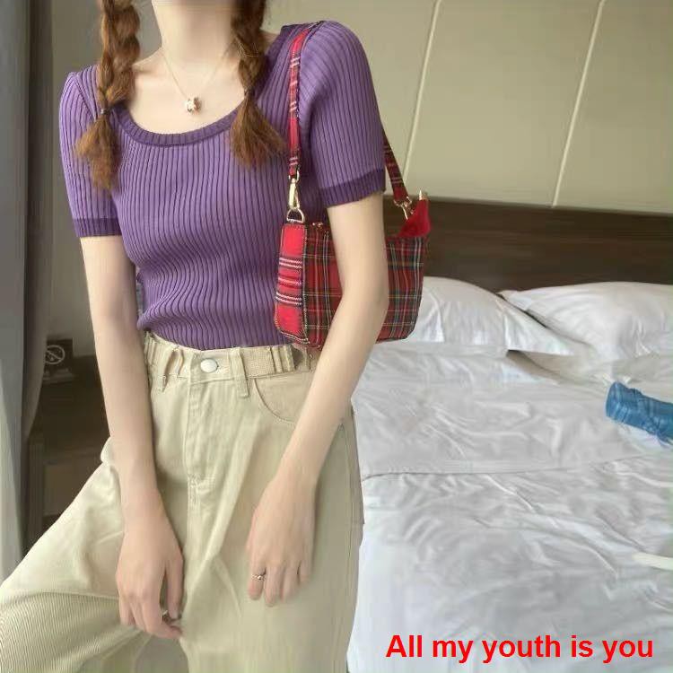 [Chụp ảnh thật 💕]áo croptop nữ       Coloring square leadwear female lock bone top 2020 new summer slim set inside short-sleeved shirt