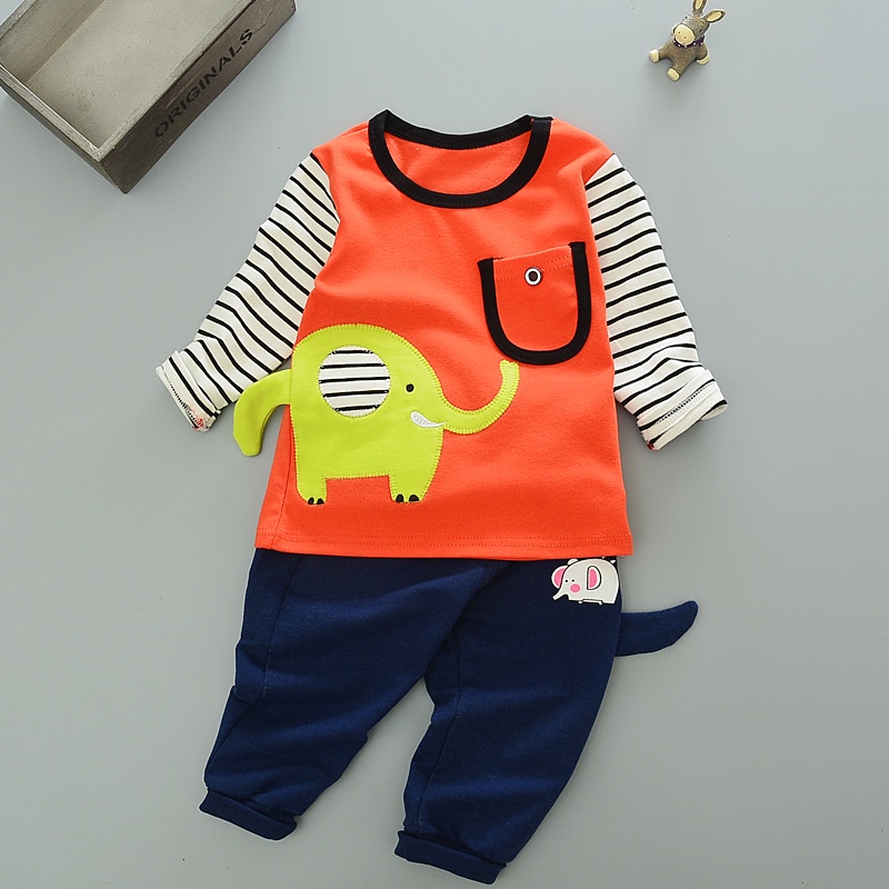 BEAR LEADER Set Đồ 2 Món Gồm Áo Thun Tay Dài Kẻ Sọc In Hình Voi Hoạt Hình + Quần Dài Cho Bé Trai / Gái