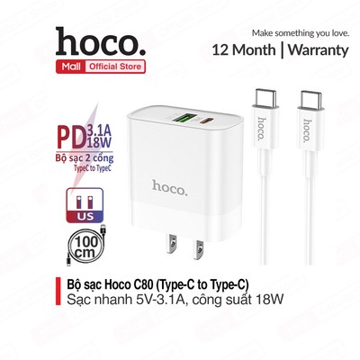 Bộ sạc nhanh TypeC to TypeC Hoco C80 sạc nhanh QC3.0 PD18W 2 cổng sạc USB và TypeC dài 1m