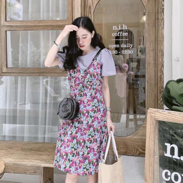 Video và ảnh thật - Set áo nhăn mix yếm hoa nhí tím
