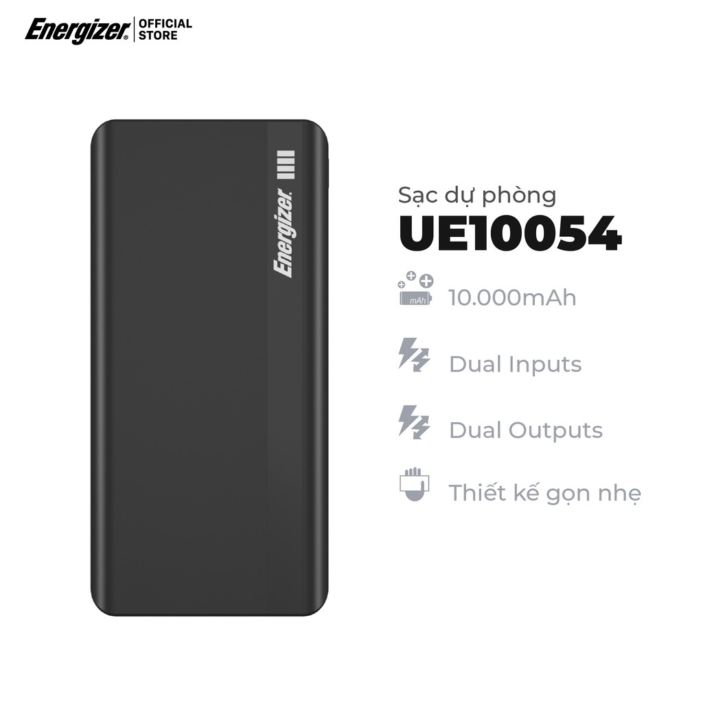 Sạc dự phòng Energizer 10000mAh UE10054 -Thiết kế gọn nhẹ,tích hợp 2 cổng inputs và 2 cổng ouputs - Hàng chính hãng