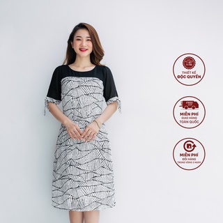 Đầm suông trung niên cao cấp thiết kế thiết kế cổ tròn tay cột nơ màu đen hoạ tiết - TTV1004