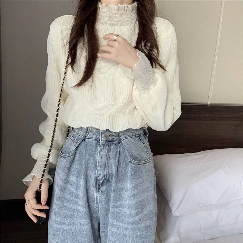 Áo sơ mi cổ cao lưới ren tay dài dáng rộng phong cách thu đông thời trang cho nữ