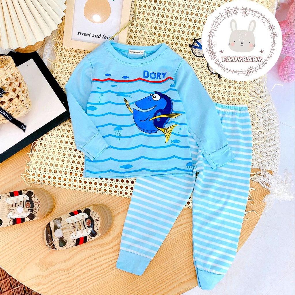 Bộ Dài Tay MINKY MOM Chính Hãng Bé Trai Bé Gái Thun Lạnh Sọc Quần Dệt Hình Gấu Dory Gà Con Khủng Long Mickey-Favybaby