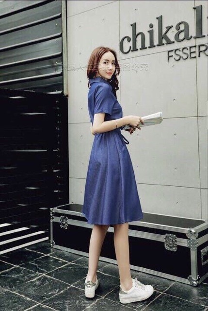 Đầm jean xoè eo dây rút