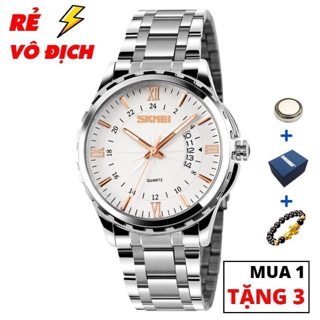 Đồng hồ nam SKMEI "GIÁ HỦY DIỆT" mặt trắng khung thép tráng bạc sang trọng mạnh mẽ chống nước