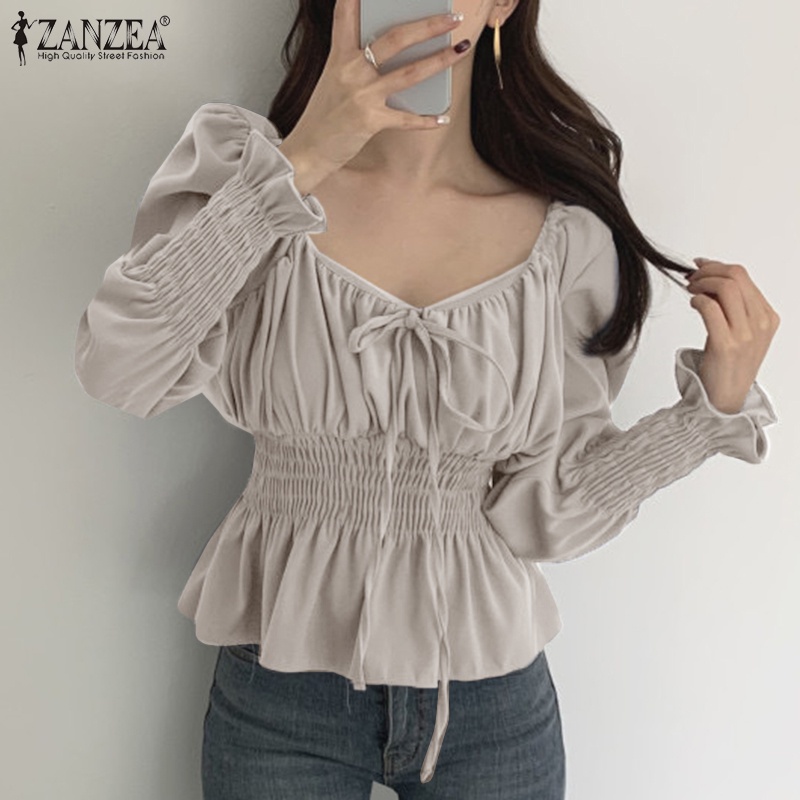 Áo kiểu ZANZEA tay dài loe xếp li lưng thun thời trang cho nữ