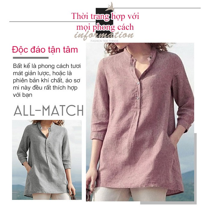 Summer 5-point Sleeves Women's Shirt Solid Color Cotton And Linen Stand Collar Button Loose Large Size Tops | BigBuy360 - bigbuy360.vn