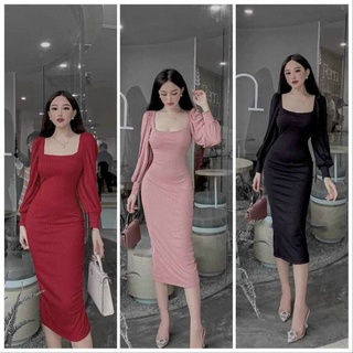 Đầm ôm body cổ vuông tay dài 3 màu hồng đỏ đen - 1270