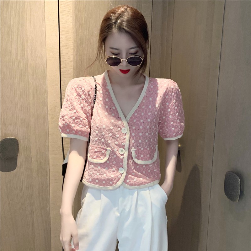 Vintage Crochet Hollow Hong Kong Flavor V-neck Short Sleeve Top